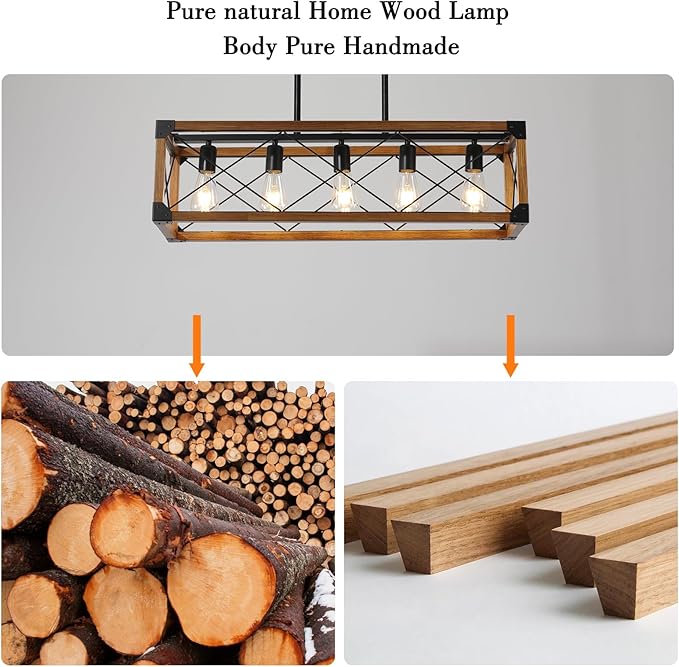 Dining Room Light Fixture, Farmhouse Chandelier, Kitchen Island Lighting, Rustic 5 Light Pendant Chandeliers, Country Wood Island Lights