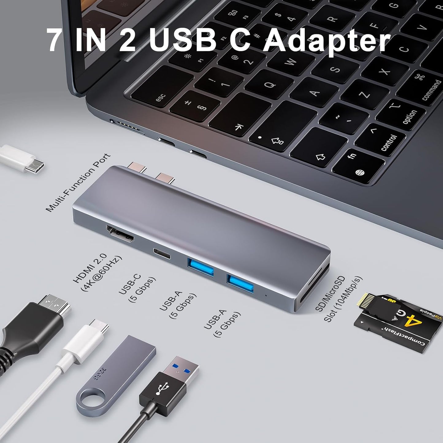 USB C Hub, USB C Adapter, 7 in 2 USB-C Hub for MacBook with Thunderbolt 4, 4K HDMI, Type C, 2 USB A, SD/TF Card Reader, Compatible with MacBook Pro 2016-2024, MacBook Air 2018-2025 (Starlight)