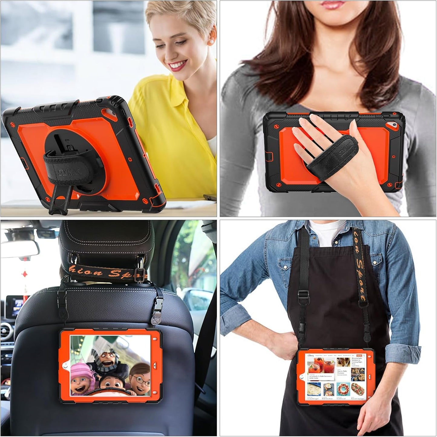 SEYMAC stock Case for iPad 6th / 5th Generation Case/Air 2 / Pro 9.7 inch, Heavy Duty Protective with Screen Protector, with Pencil Holder, Hand Strap, Shoulder Strap, 360 Rotate Stand, Orange+Black