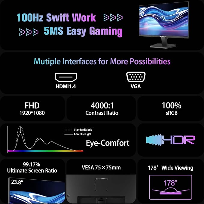 SANSUI Monitor 24 inch 100Hz Computer Monitor丨FHD 1080P PC Monitor丨HDMI丨FreeSync丨HDR丨Earphone Jack丨 Ergonomic Tilt for Home and Office