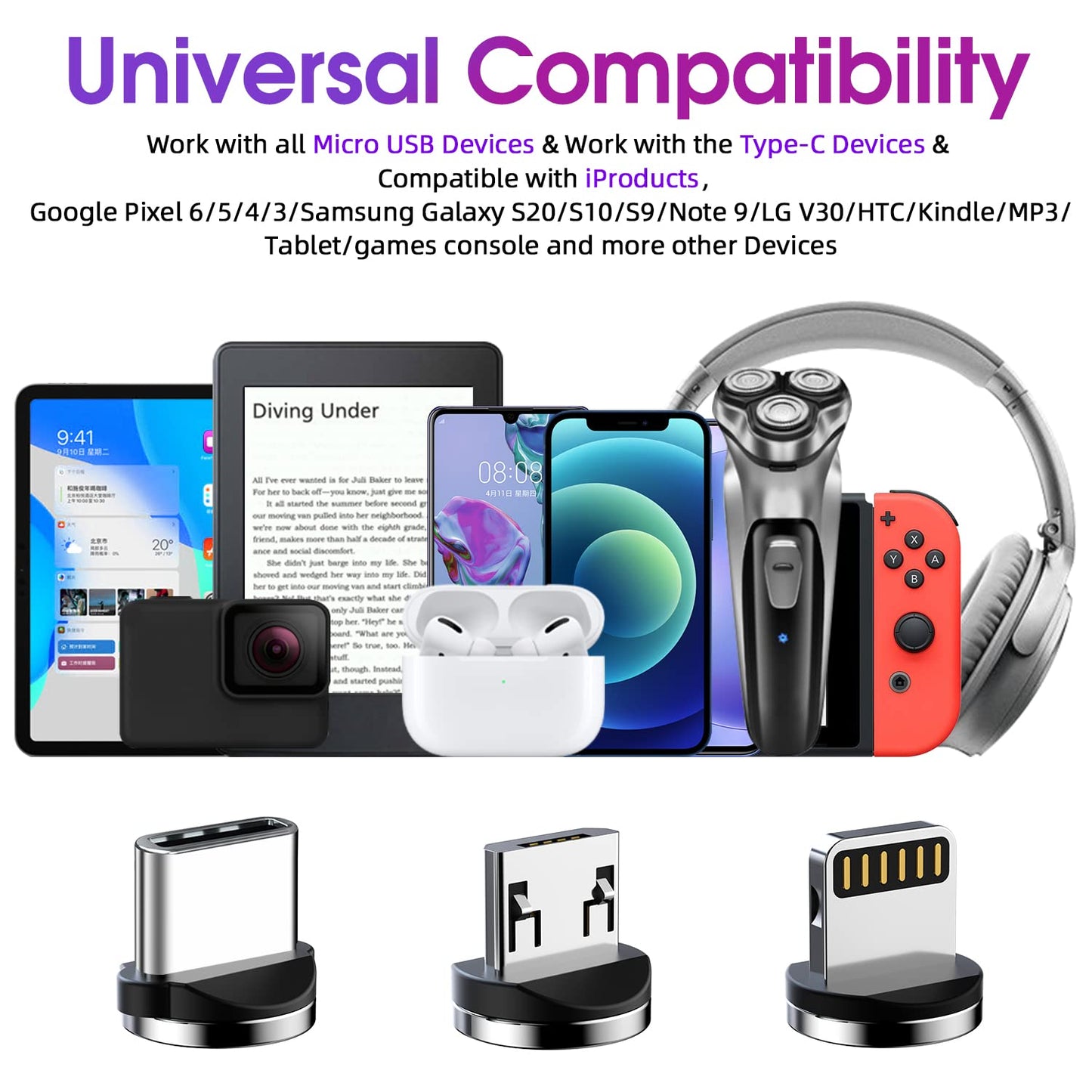 Magnetic Charging Cable 540° Rotating Magnetic Phone Charger [6-Pack, 3ft/3ft/3ft/6ft/6ft/10ft] 3 in 1 Magnetic Charger Cable Nylon Braided Magnetic USB Cable for i-P/Micro USB/Type C Device-Purple