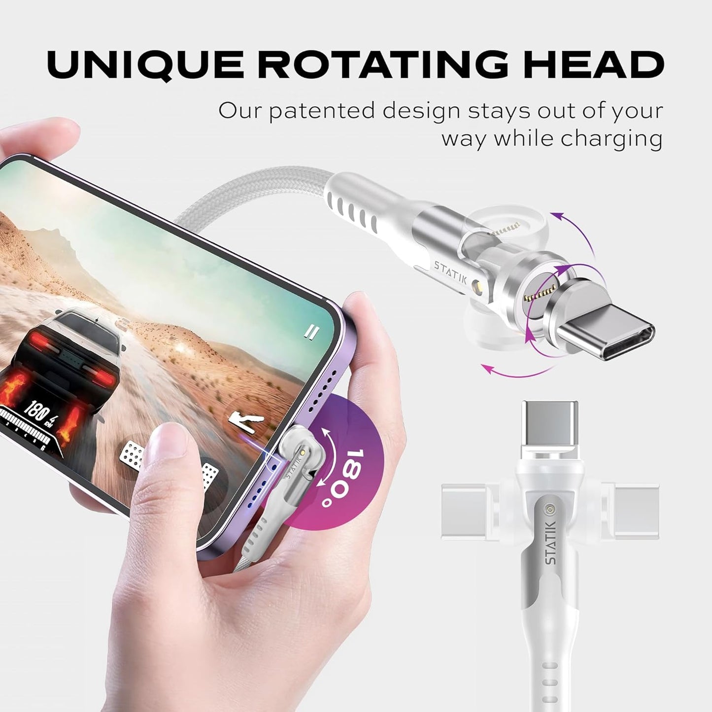 Statik 360 Pro Magnetic Charging Cable - Type C Charger Fast Charging 3 in 1 USB C to USB C Cable, Micro USB & iProduct Tips, USB A Adapter, Compatible w/All Devices - 100W Fast Charger, White 6FT/2M