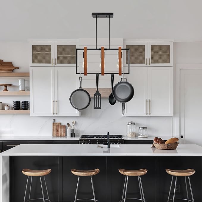 3-Light Island Lights for Kitchen, Rectangular Wood and Black Metal Kitchen Island Chandelier 23.6" Adjustable Rustic Modern Dining Room Light Fixtures Over Table, Chandeliers for Dining Room