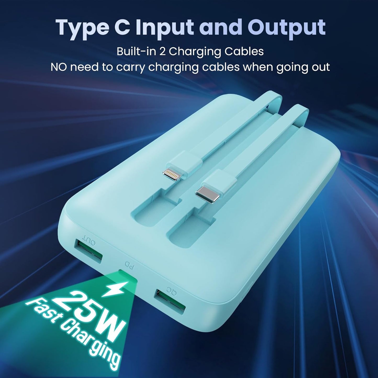 Portable Charger PowerBank 40,800mAh with 2 Built-in Cables,25W PD Fast Charging +QC 4.0 Quick Phone Charging Power Bank, 5 Outputs LCD Display USB C Battery Pack for iPhone 16/15 Android Galaxy etc
