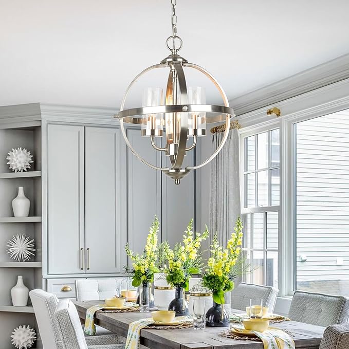 Treekee Chandeliers for Dining Room, 13.4'' Nickel Modern Orb Chandelier, 3-Light Hanging Light Fixture, Adjustable Pendant Light Fixture for Living Room Entryway Foyer