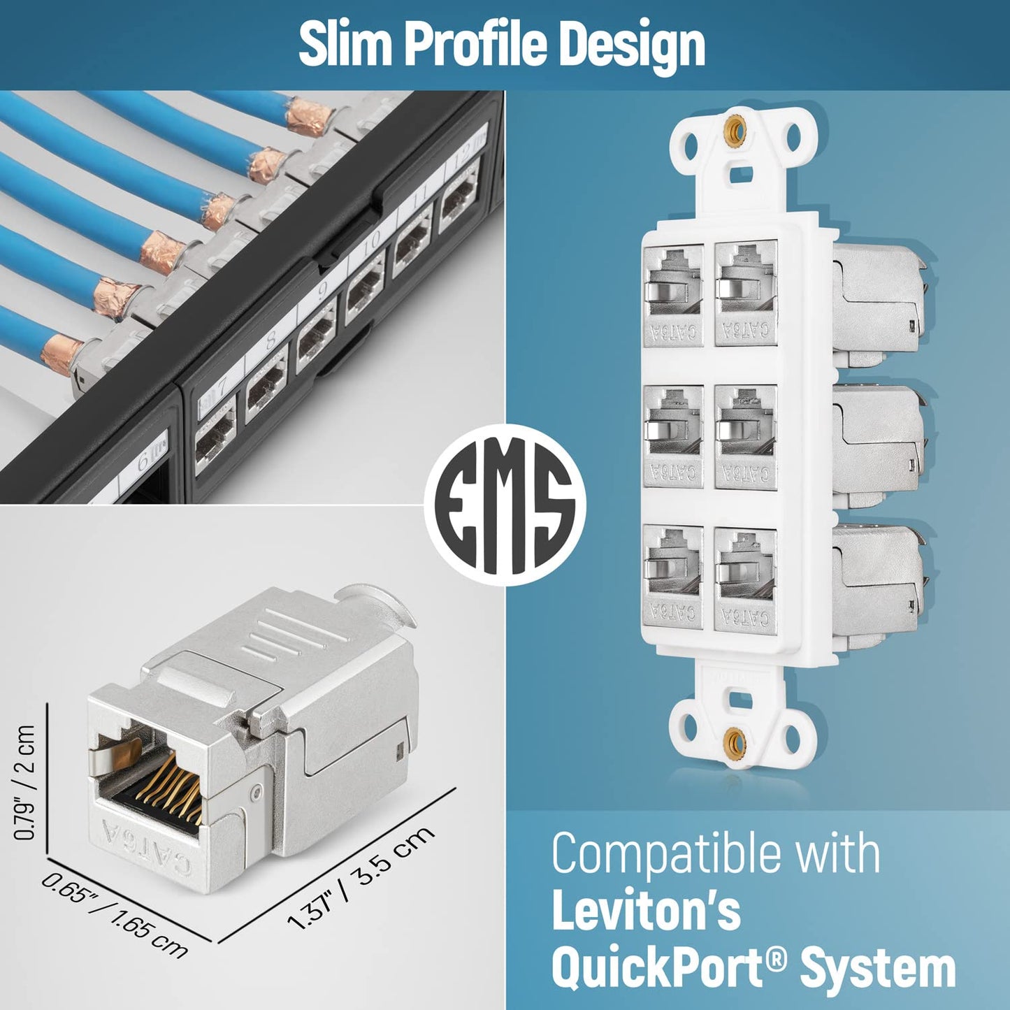 Everest Media Solutions RJ45 Shielded Keystone Jack - 6-Pack - Slim Profile, 90 Degrees, F/STP Female Connector - Tested for CAT5e, CAT6, CAT6A, CAT7 - up to 10GB Speed