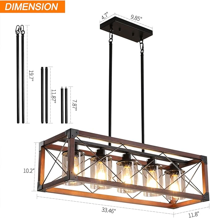 Rustic Hanging Lights Fixture Farmhouse Chandeliers for Dining Room Kitchen Island Light Fixtures 5-Light Wood Chandelier Over Dining Table with Clear Glass Shade-Walnut
