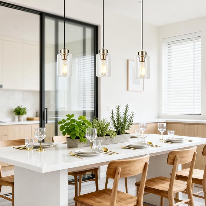 Brushed Pendant for Kitchen Island, Hanging Lamp Ceiling Fixture with Clear Glass Light for Bedroom, Farmhouse Pendant for Dining Room（3Pack)