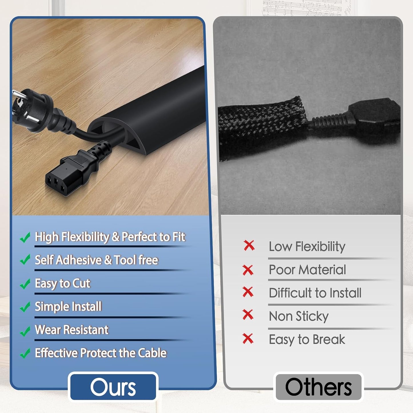Floor Cord Cover for Wires on Floor Self Adhesive Cord Hider Floor Cable Management Wire Covers for Cords Protector Prevent Cable Trips Cord Cavity W 0.47" x H 0.27", Black, 3.3Ft