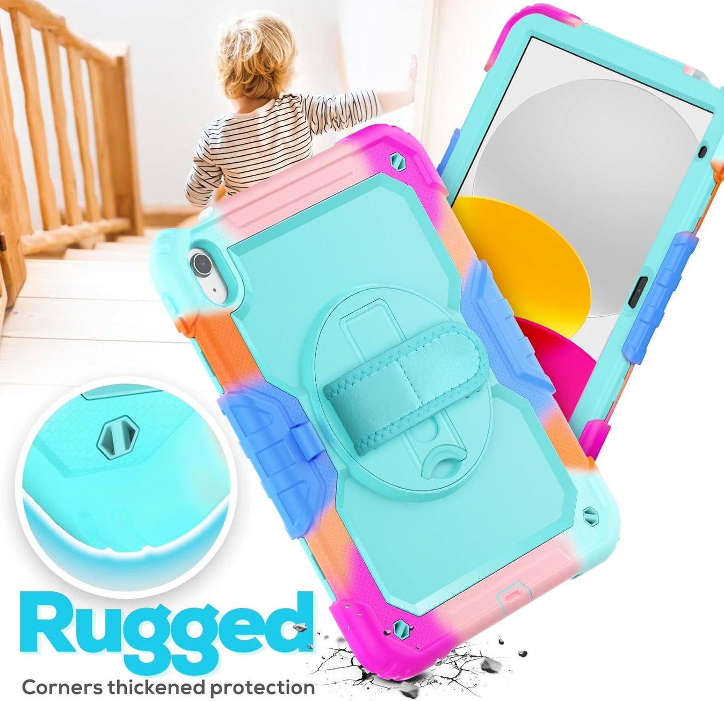 BLOSOMEET iPad Case for 11th/10th Generation 11''/10.9'' with Tempered Glass Screen Protector, Full Body Dropproof iPad Cover 2025/2022 with Stand Pen Holder & Hand Shoulder Strap, Turquoise