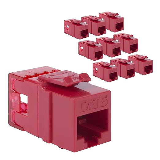 ICC CAT6 Keystone Jack with Slim Profile 180 Degree Punch Down, RJ45 UL Listed PoE++ TAA Compliant for Wall Plate or Patch Panel, Works with JackEasy Termination Tool, Red 10 Pack