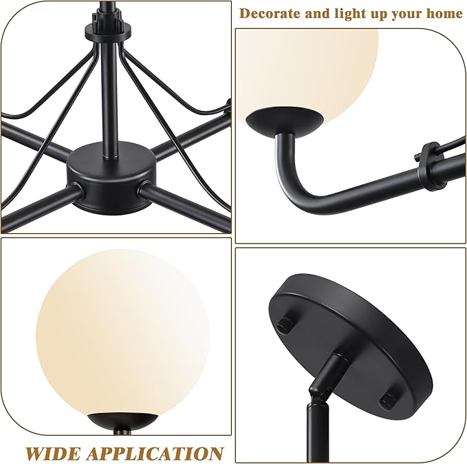4 Lights Black Chandelier, Mid Century Modern Chandeliers for Dining Room, Hanging Sputnik Light Fixture for Living Room Kitchen Island Foyer Bedroom, Milk White Globe Glass Shade