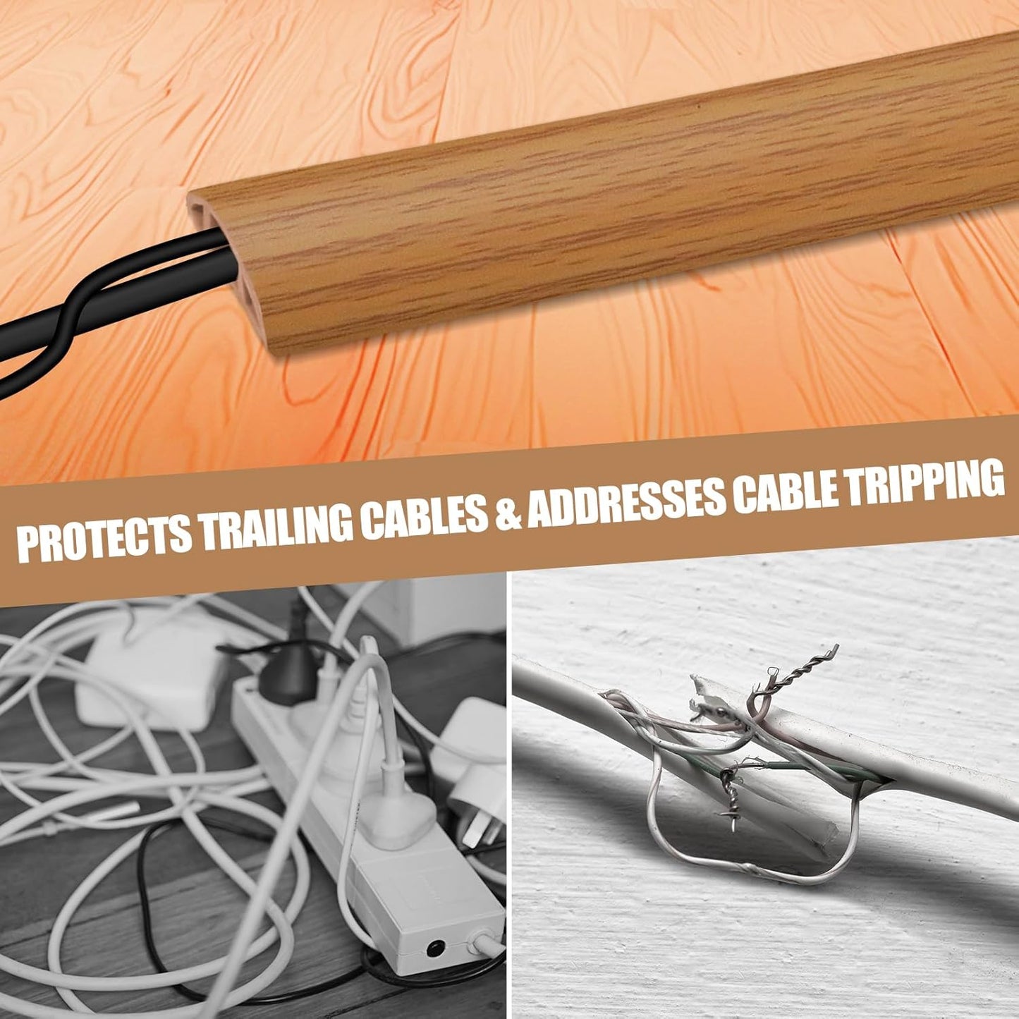 Floor Cord Cover Self Adhesive Cord Hider,10FT Cable Management, Extension Strip Protector for Wires, Prevent Cable Trips for Offices, Gyms, Exhibitions Cavity:0.47"(W) x 0.35"(H) Brown Wood