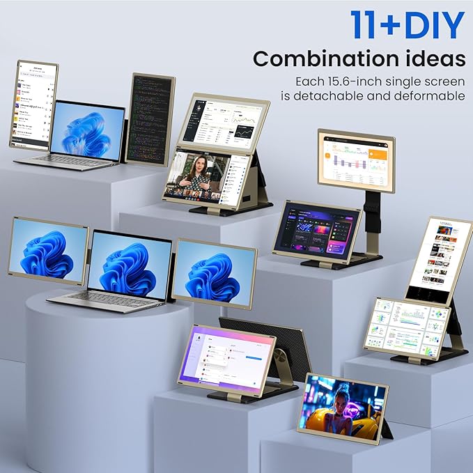 Triple Laptop Screen Extender - 15.6" Monitor IPS FHD 1080P Detachable Portable Display for 13"-17.4" Laptops Compatible with Compatible with Windows Mac Chrome Surface Travel Work Setup
