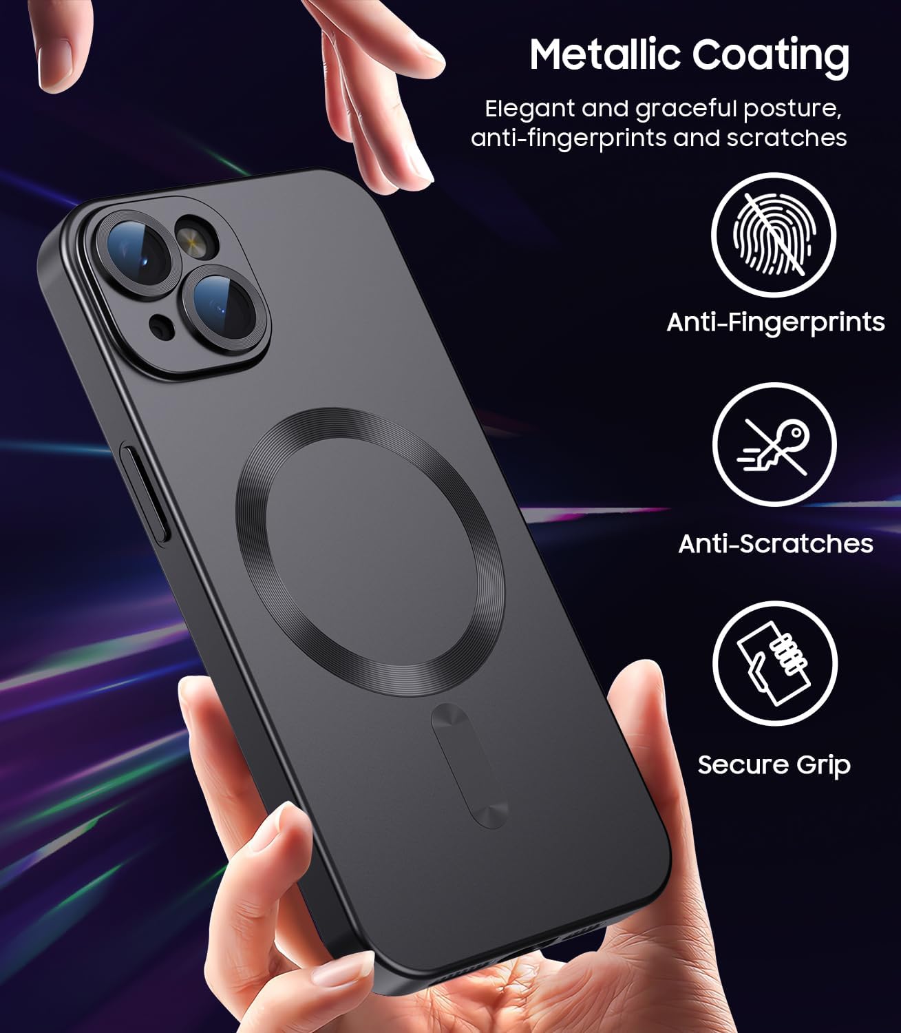 Magnetic for iPhone 13 Case [Compatible with MagSafe][Built-in Camera Lens Protector] Slim Soft Silicone Bumper Shockproof Metallic Luster Phone Case (Black)