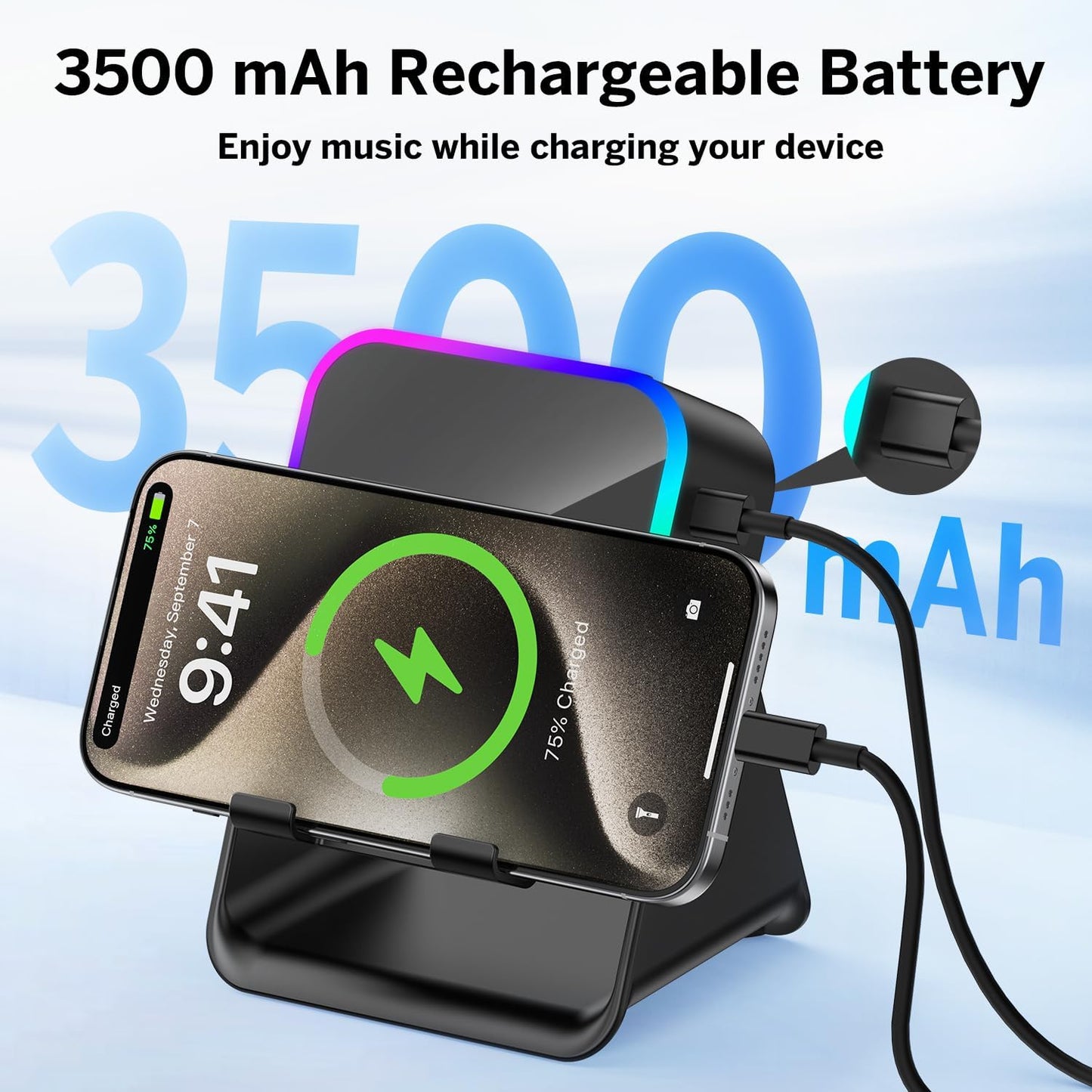 Wireless Induction Speaker 5-in-1 Bluetooth Speaker with Phone Stand,Stereo Sound, 3500mAh Rechargeable, 8 RGB Ambient Light, 360° Adjustable Holder for iPhone/Android/iPad,Gifts for Men Women (Black)