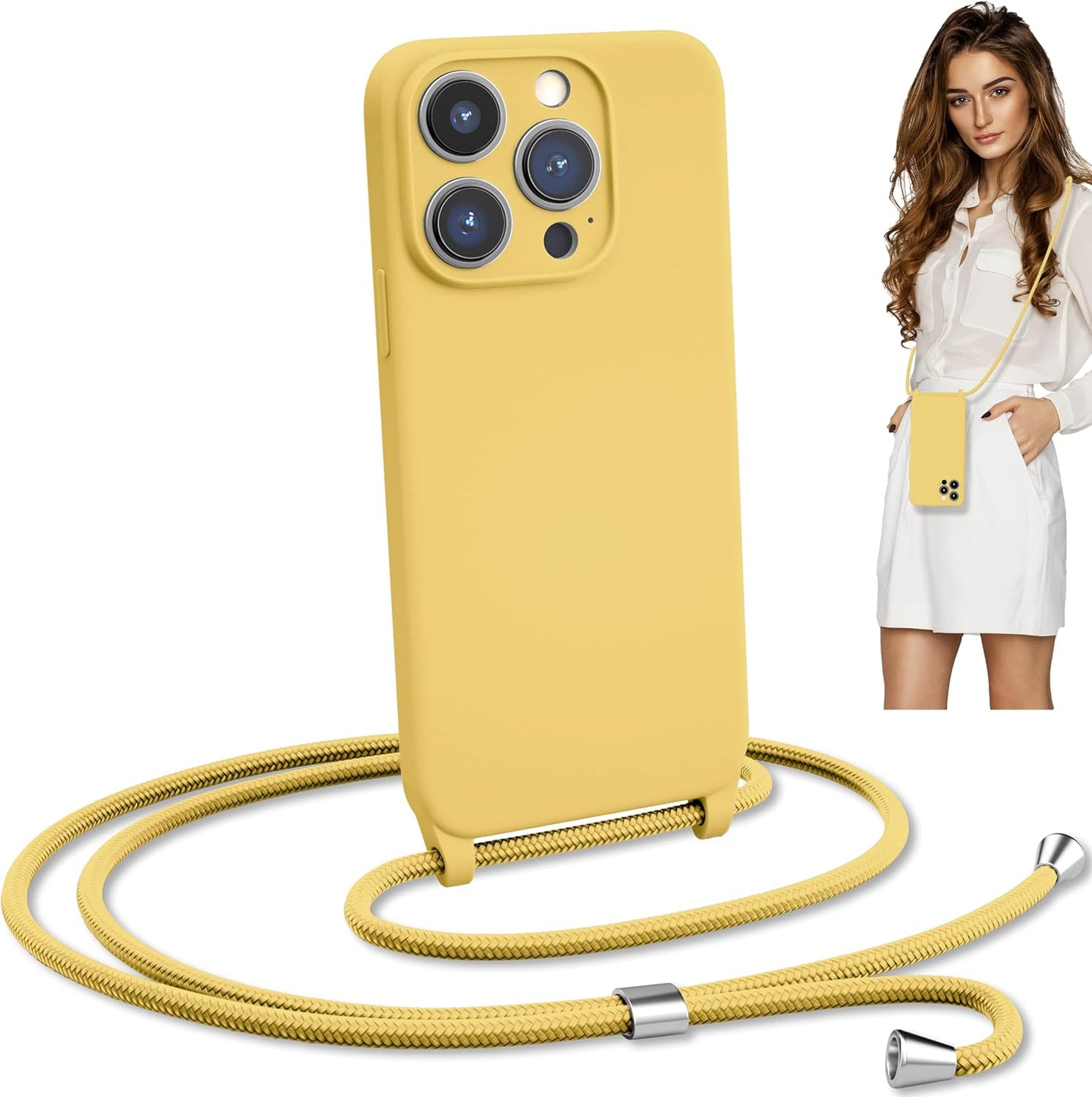 Blaspins Crossbody Strap Phone Case for iPhone 13 Pro Max, Adjustable Rope, Belt Neck Lanyard, String Detach Lanyard, Drop Proof Sturdy, Wrist Hand Free Protective Cover 6.7 inch 13 Pro Max - Yellow