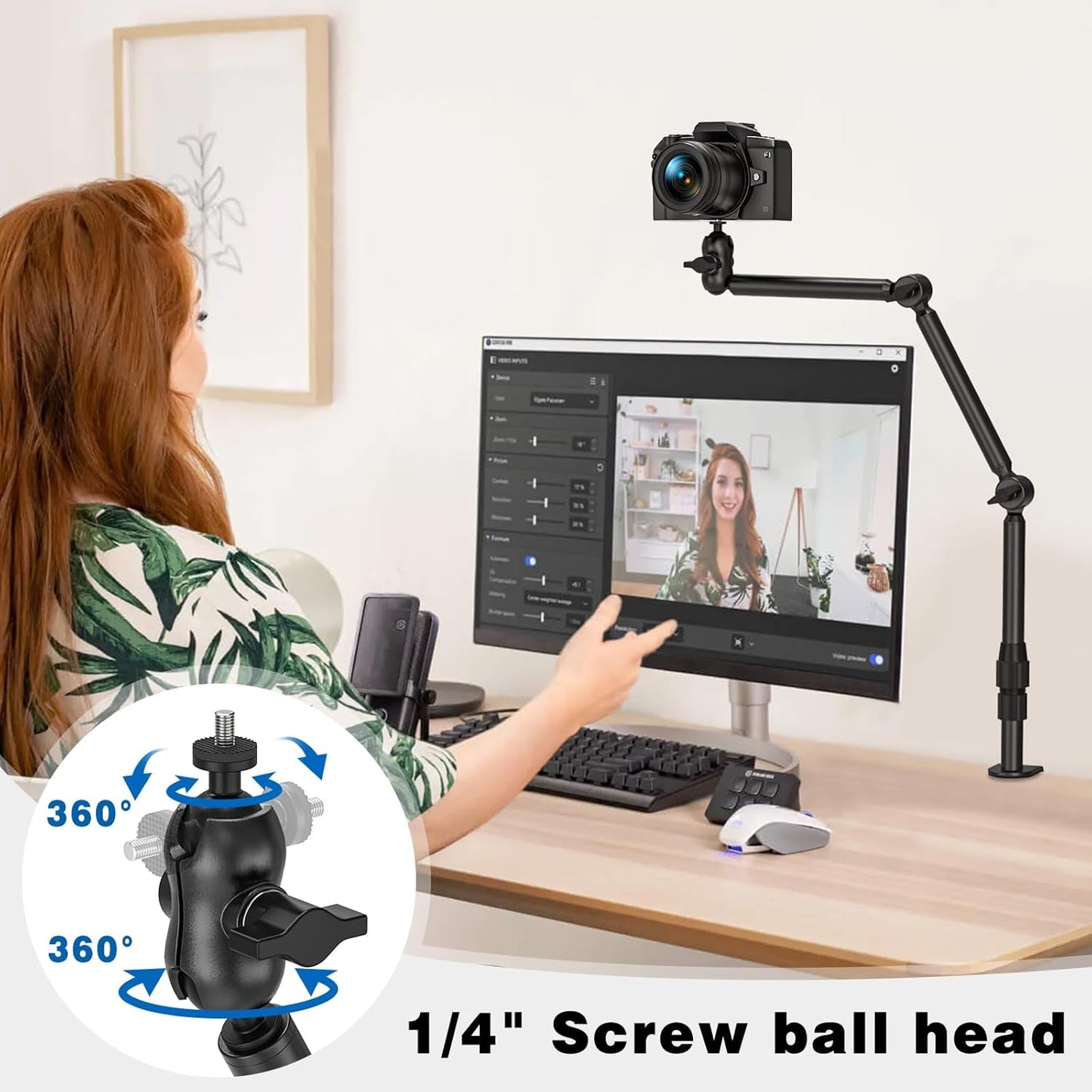 Overhead Camera Mount for Desk, 30.9" Foldable Camera Desk Mount Stand with 1/4" Screws, 360° Rotation 3-Sections Tabletop Holder with C-Clamp for DSLR, Digicam, Webcam, Mini Projector, Microphone