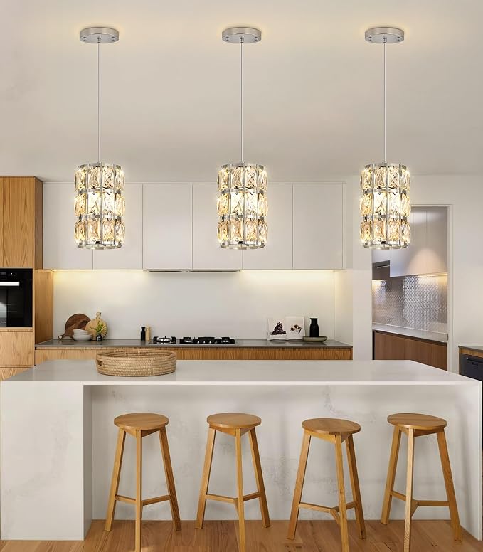 3 Pack Modern Crystal Pendant Lights for Kitchen Island LED Dimmable Glam Pendant Lighting Chandelier for Dining Room Hallway Corner Lamp Nickel