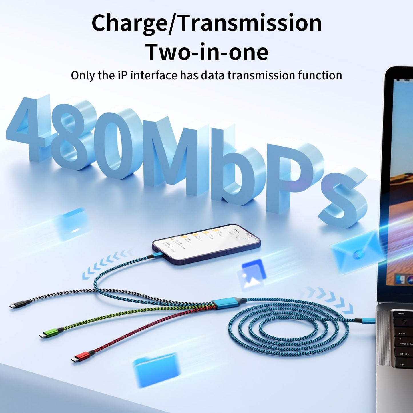 Travel Dual Type-C 4 in 1 Charging Cable, USB C Multi Charging Cable Multi Charging Cable for Multiple Devices, Phone Charging Cable Adapter 2 USB-C/IP/Micro Port for Phones Tablets Galaxy PS & More