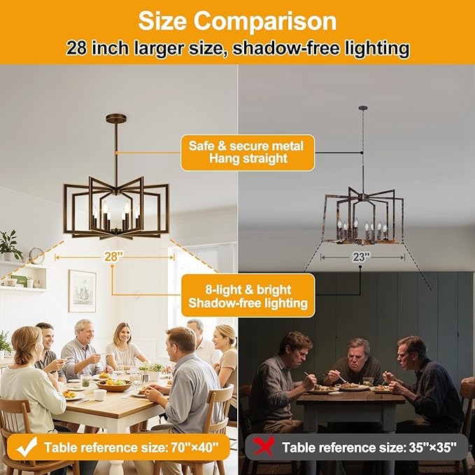 28" Modern Oil-Rubbed Bronze No Assembly Required Chandelier for Dining Room, Bronze Dining Room Light Fixture Over Table, Industrial Metal Hanging Pendant Light for Kitchen Island, Entryway, Foyer