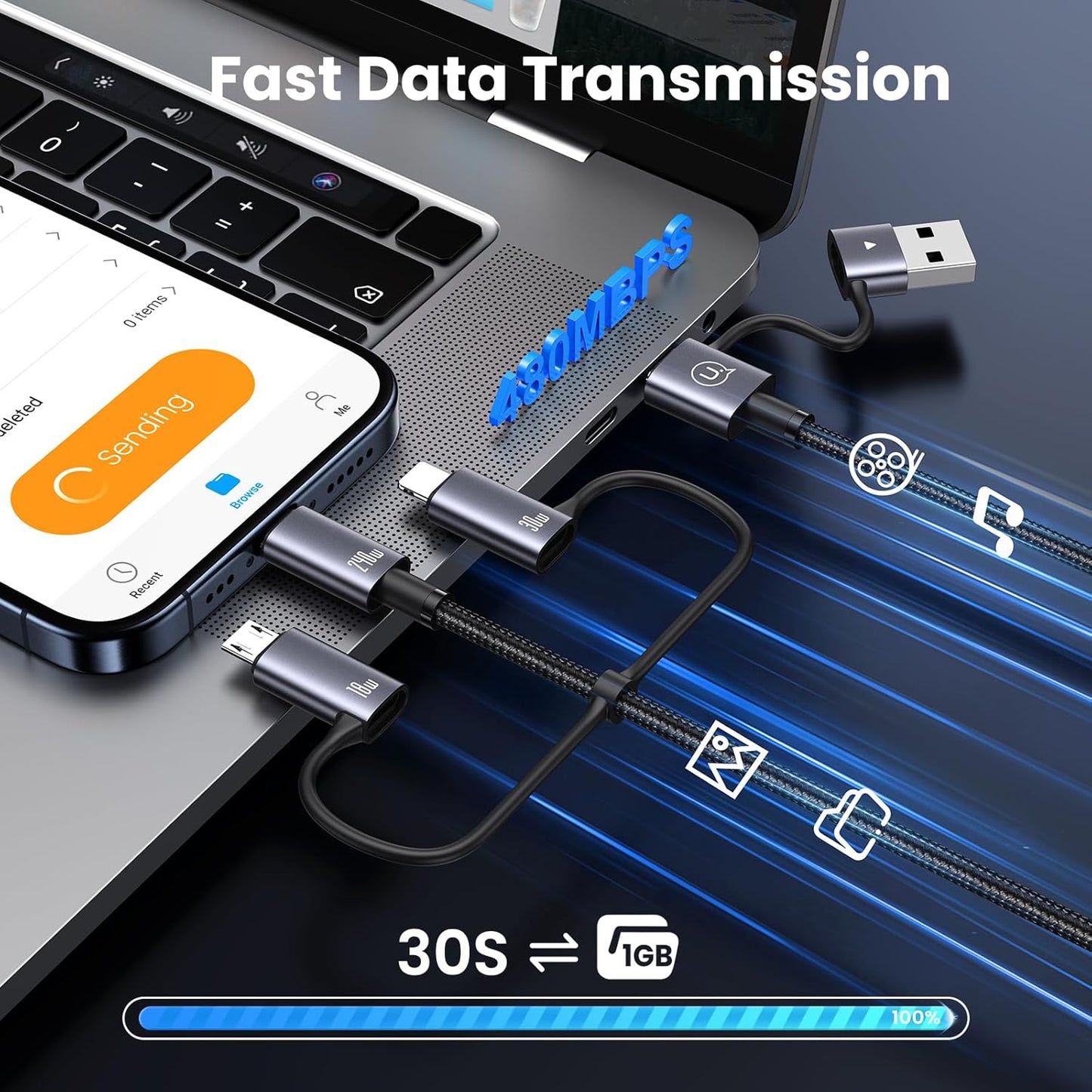 240W Multi Charging Cable, 6.6ft 6-in-1 USB C Cable Fast Charging Cords with USB-C/A Ports to IP/Type C/Micro Connectors for Pad/Cell Phones/Tablets/Laptop