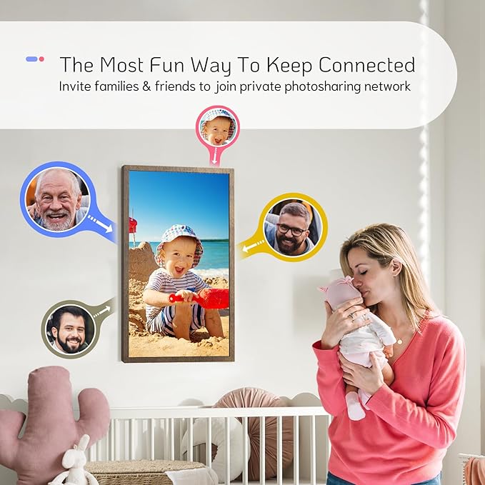 NexFoto 21.5 Inch Large Digital Picture Frame 32GB, WiFi Electronic Photo Frame with Remote Control, Wall-Mountable, Easy to Share Photos/Videos, Gifts for Mom Christmas, Dark Wood