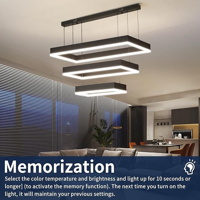 Modern Kitchen Island Pendant Light, Rectangle Dimmable LED Chandelier, 3 Layer Adjustable Ceiling Light Fixture for Dining Room, Living Room, Bedroom, 3000K-6500K, Black Foyer Hanging Light