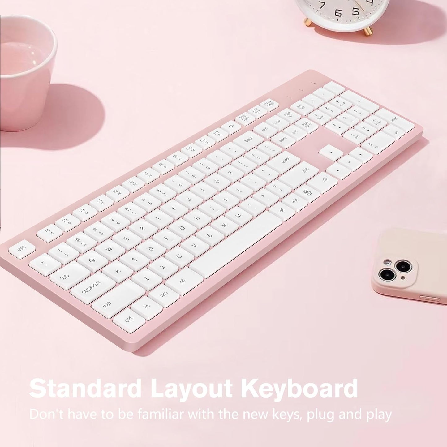 LeadsaiL Pink Wireless Keyboard, 2.4GHz Full-Sized Ergonomic Computer Keyboard, Cordless Noiseless Keyboard,12 FN Shortcuts for Windows MacOS Laptop Computer