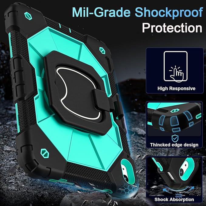 Case for iPad (A16) 11th/10th Generation 2025/2022,iPad Case 10th Generation with Rotating Stand Screen Protector,Shockproof Cover for i Pad 11.0/10.9 Inch Cases,Black Mint