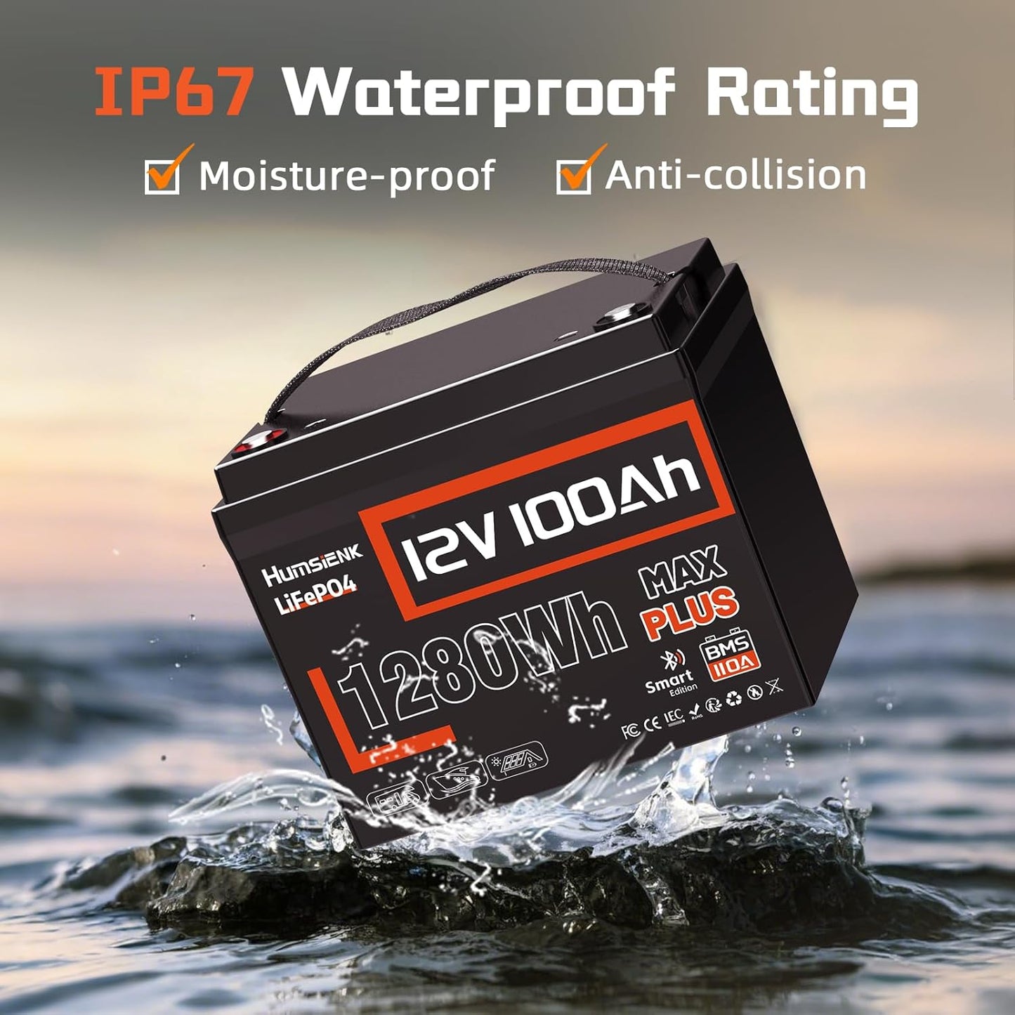 4 PACK 12V 100Ah LiFePO4 Lithium Battery MAX PLUS Bluetooth 5.0 IP67, Built-in 110A BMS 15000+ Deep Cycles 1280Wh Lithium Batterys, for RVs Marine