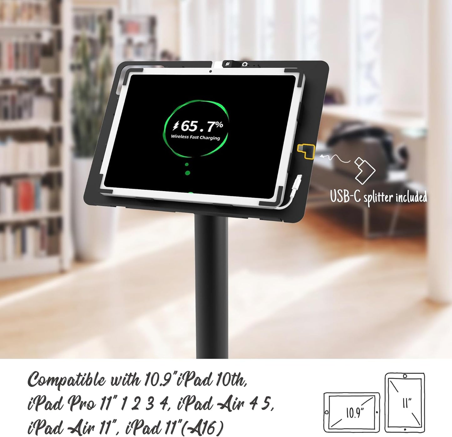 Tablet Kiosk Floor Stand, Anti-Theft, Rotate Lockable Metal Tablet Enclosure+Aluminum Pole+Metal Base, Compatible with 10.9" iPad 10th, Pro 11" 1 2 3 4, Air 4 5, Air 11", iPad 11"(A16)