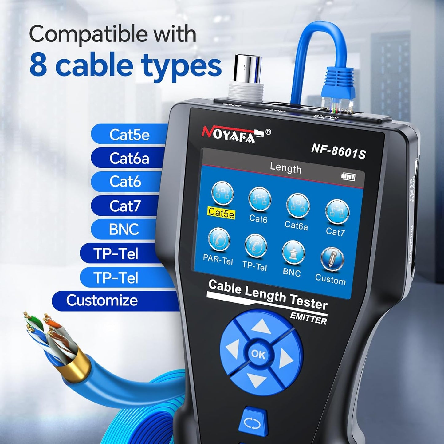 NOYAFA NF-8601S Network Cable Tester, Ethernet Tester Cable with LED Screen, PoE Test for RJ45/RJ11/BNC/Metallic Cable, Test Diagnostic Tool for PING Line Tracer, Crosstalk Test, Fault Location