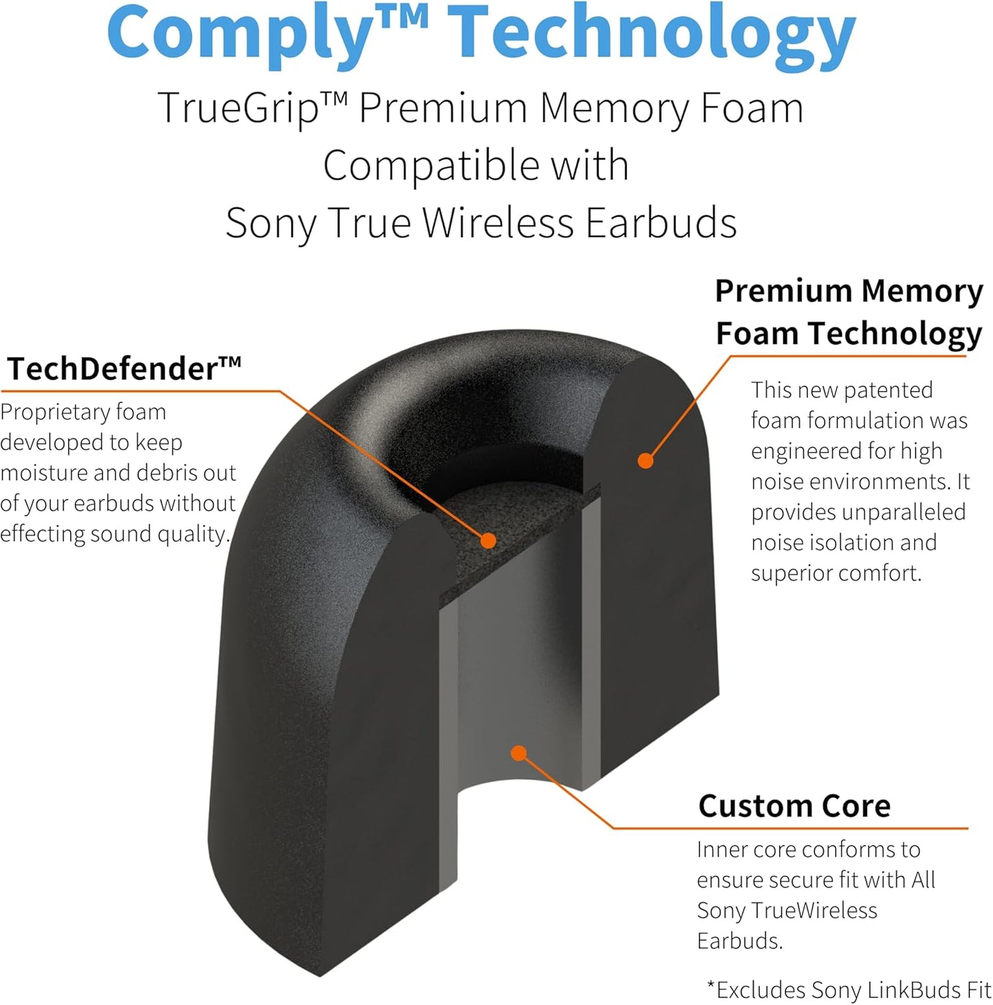 Comply TrueGrip | Premium Memory Foam Replacement Earbud Tips for Sony True Wireless Earbuds | Enhanced Comfort, Secure Fit, Superior Noise Isolation, Cleaning Tool | Black, Large (3 Pairs)