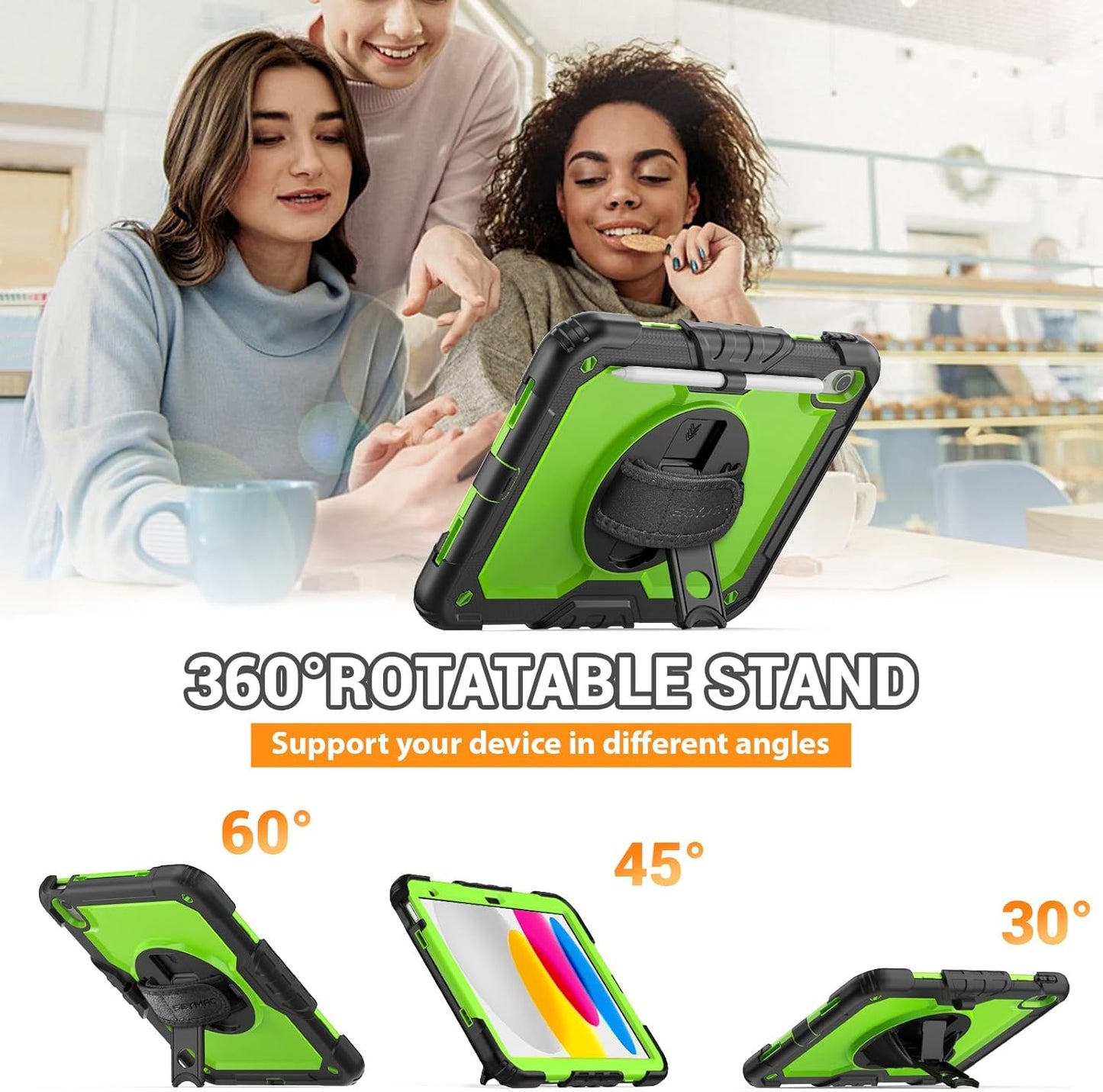 SEYMAC Case for iPad (A16) 11th/10th Generation 2025/2022 (11″/10.9″), Sturdy Heavy Duty Full-Body Shockproof Protective Case with Screen Protector, Rotating Stand, Hand/Shoulder Strap, Black/Green