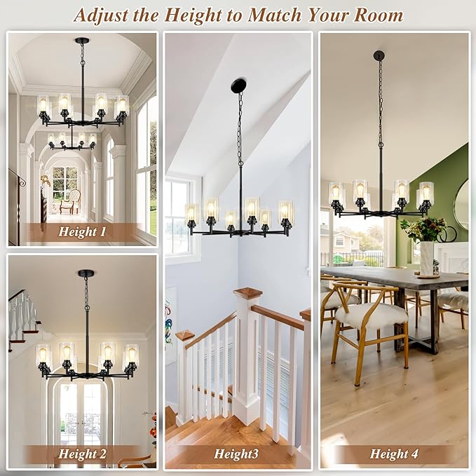 Sucolite 33.5'' 8-Light Chandelier for Dining Room Kitchen Island, Modern Farmhouse Pendant Lighting with Glass Shades Industrial Black Hanging Ceiling Light Fixture for Living Room, Height Adjustable