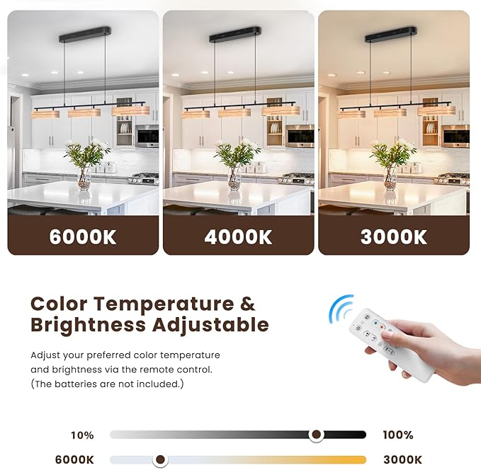 37.6" Linear Kitchen Island Lighting, 28W Wood Farmhouse Chandelier Dining Room Light Fixture, 3-Light Rustic Dimmable Pendant Lights for Kitchen Island Over Table