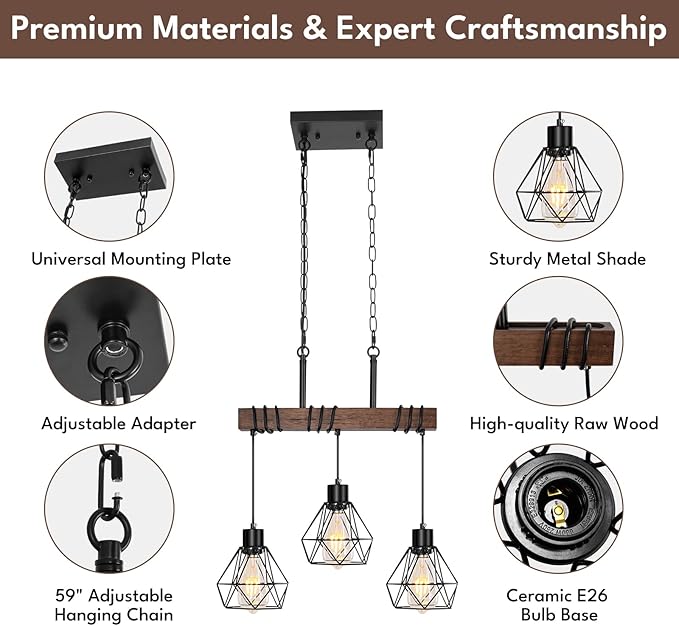 3-Light Kitchen Island Pendant Lighting Over Island - Adjustable Height Linear Chandelier for Dining Room with Diamond Shades, Farmhouse Black Metal & Rustic Wood Ceiling Light Fixture, E26 Base
