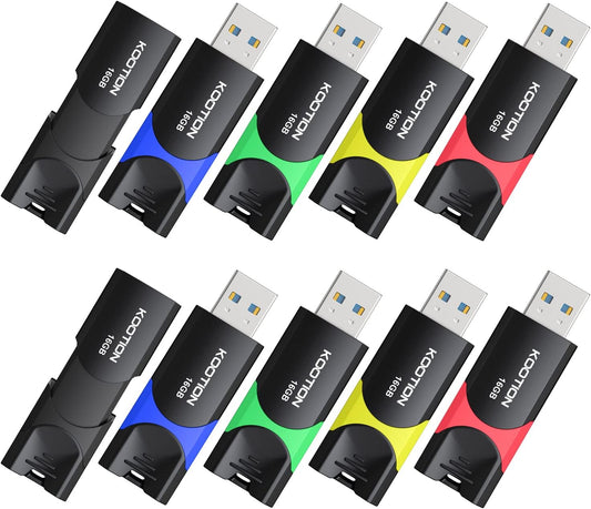 USB 3.0 Flash Drive KOOTION 10 Pack 16GB USB 3.0 Thumb Drive Retractable 16G Zip Drive Ultra High Speed USB Stick Jump Drive Rugged Memory Stick with LED Indicator for Data Storage and Transfer