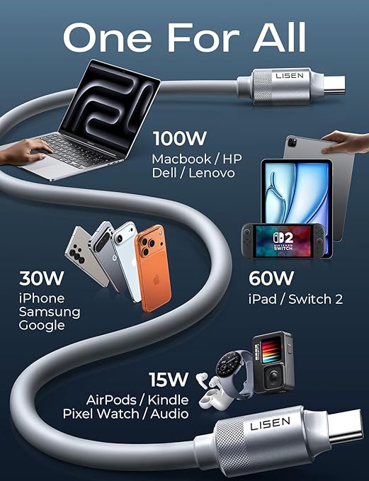 LISEN USB C Cable 10FT, Chubby 100W USB C to USB C Fast Charging Cable, Soft Silicone Long USBC to USBC for iPhone 17 Air 16 15 Pro Max, Samsung S25, MacBook Pro/Air, Switch 2, iPad