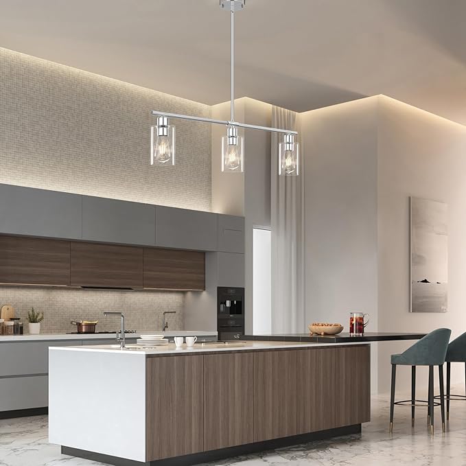 Kitchen Island Lighting, 3 Lights Linear Chandeliers Rectangle Pendant Light Fixtures for Dining Room Farmhouse Hanging Light with Glass Shades(Chrome)