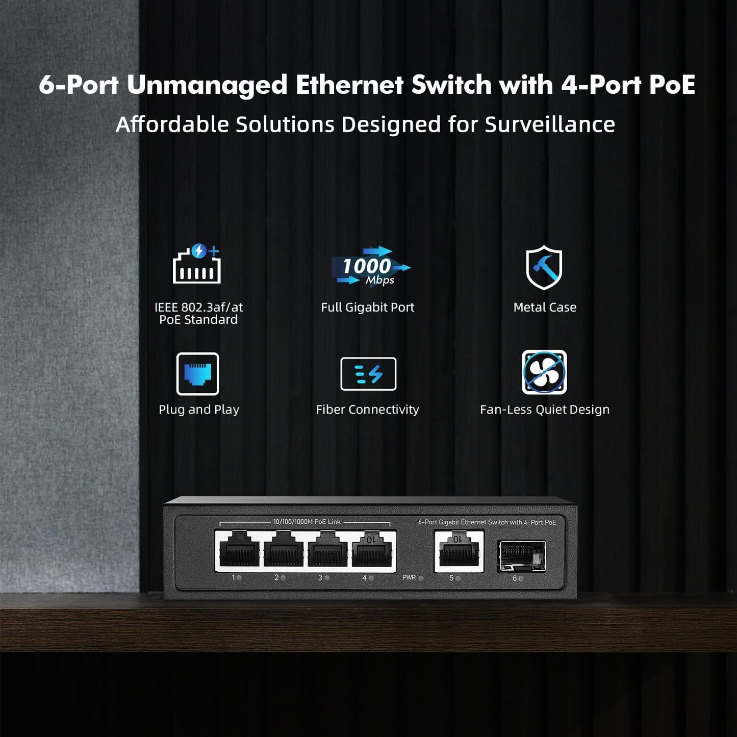 YuLinca 6 Port Mini Gigabit PoE Switch with 4 PoE+ Port, 1 Gigaibt RJ45 Uplink, 1 Gigabit SFP, IEEE802.3af/at, Max 65W, Metal Fanless Plug & Play Ethernet Switch