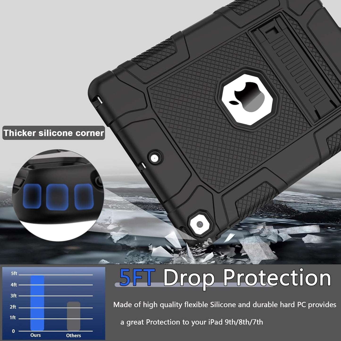 Rantice Case for 9th/8th/7th Generation, Hybrid Shockproof Rugged Drop Protective Case with Kickstand for iPad 10.2 Inch (2021/2020/2019 Release), Black