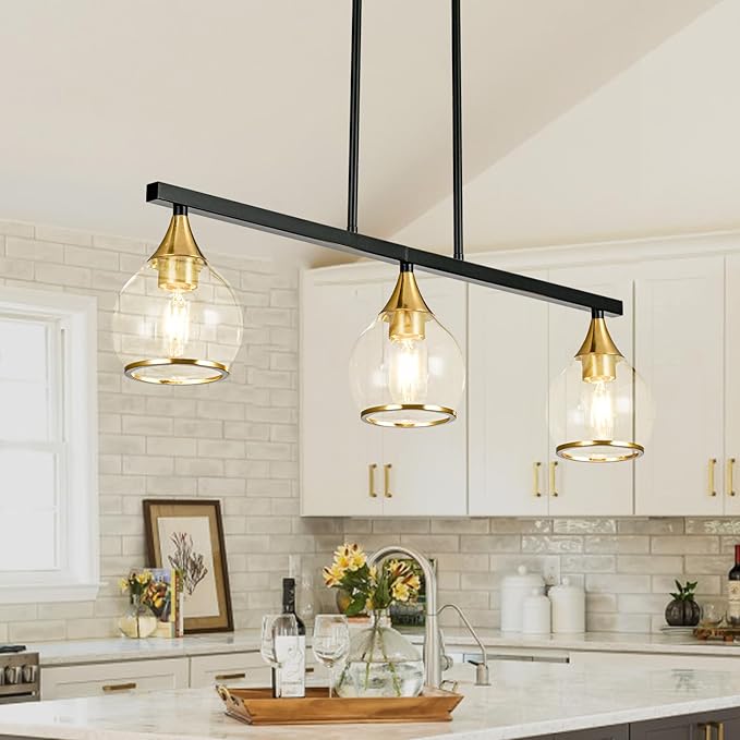 Island Light for Kitchen, 3-Light Black and Gold Kitchen Island Farmhouse Linear Hanging Pendant Chandeliers, Matte Black Dining Room Light Fixture Over Table with Clear Round Glass Shades