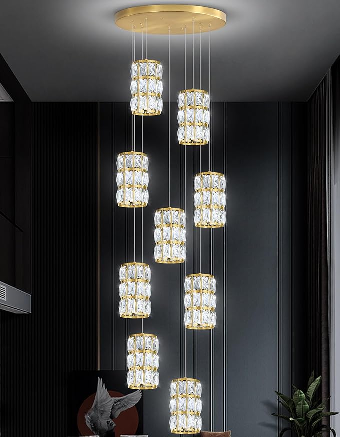 9-Lights Modern Crystal LED Dimmable for Staircase Foyer High Ceiling Chandeliers Hallway Gold