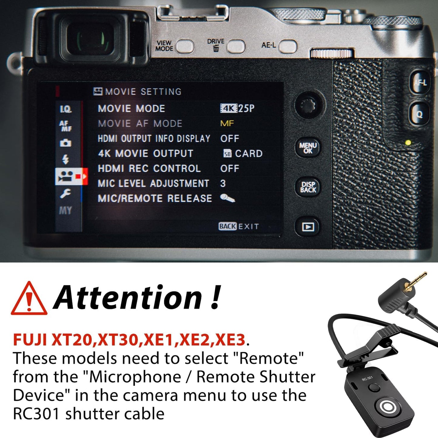 for Canon/Fuji RC301-2.5mm Remote Camera Small Shutter Release Remote Control 196.8 "Extended Cable R50V R100 R6 R8 R10 80D XT2/3/4/5 XH2S GFX100/S GFX50/S/II (RC301-2.5/E3 196.8in/5m)