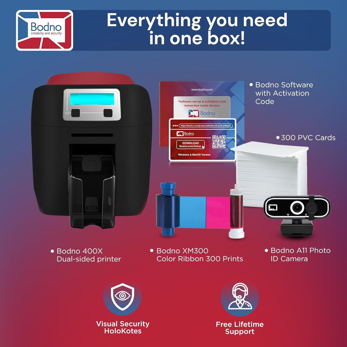 Bodno Magicard 400X Dual Sided ID Card Printer & Complete Supplies Package ID Software - Bronze Edition