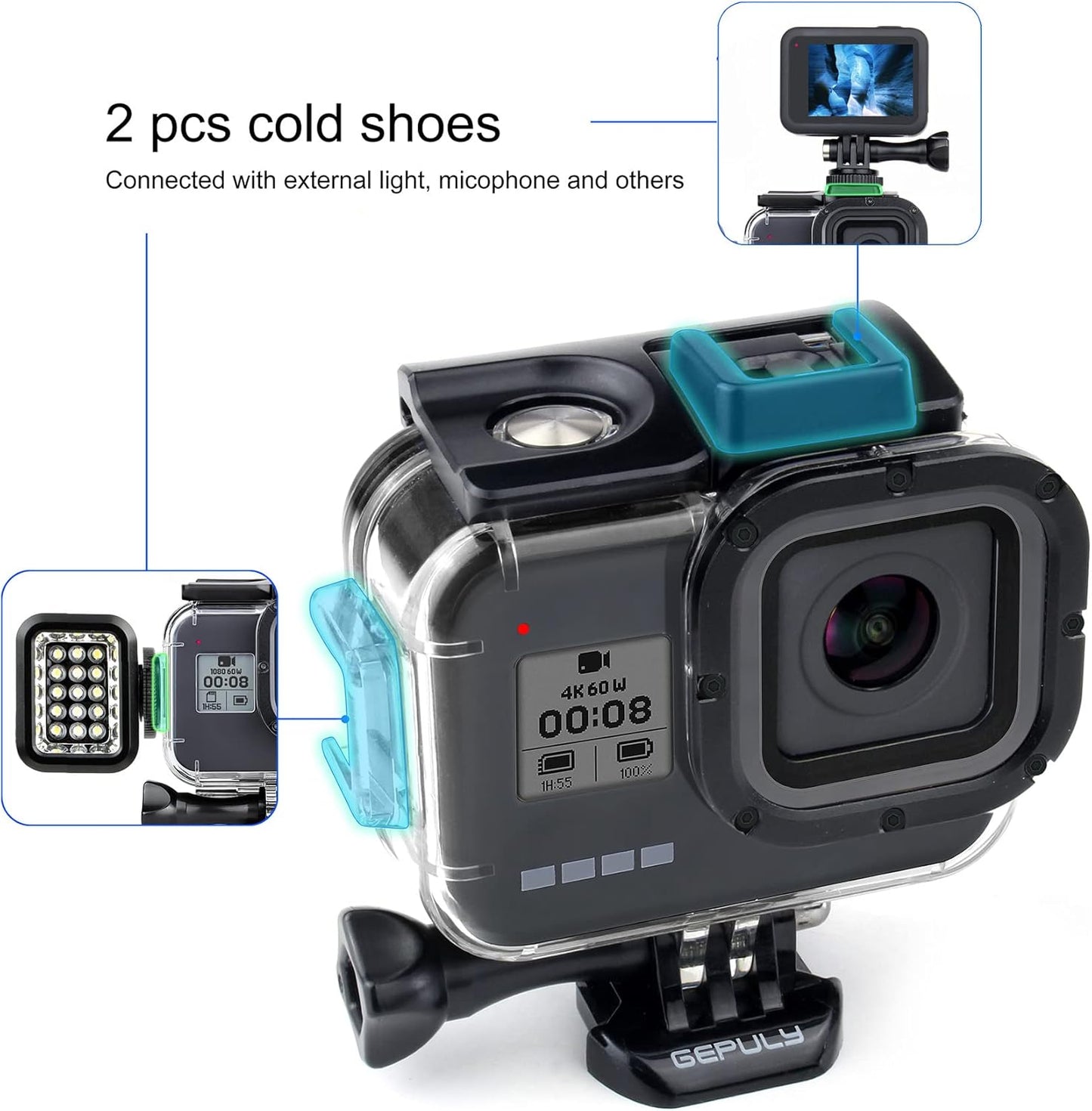 Waterproof Housing Case for GoPro Hero 8 Black - 60M(196ft) Protective Underwater Diving Shell Mount with 2 Cold Shoe Adapters Bracket Accessories Action Camera