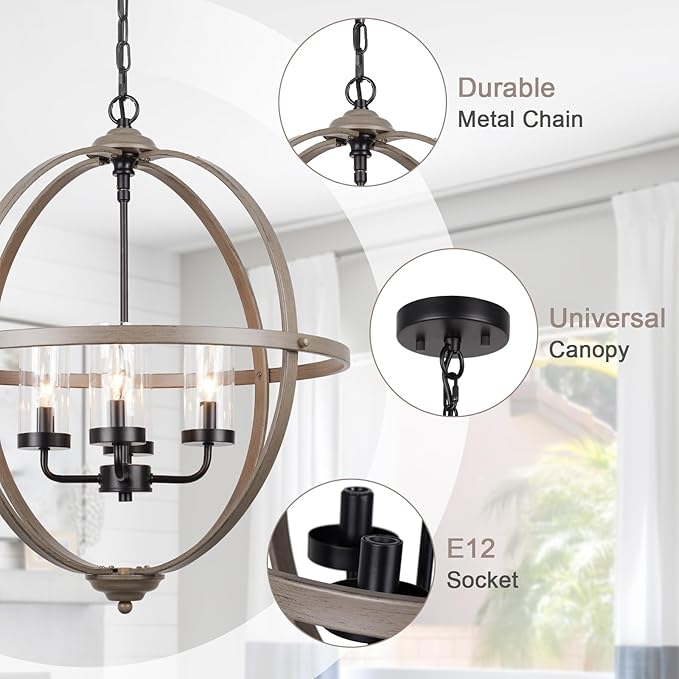 Farmhouse Chandelier, 17" Industrial Rustic Globe Sphere Orb Chandelier Wood Grain, 4-Light for Dining Room Entryway Kitchen Island Foyer