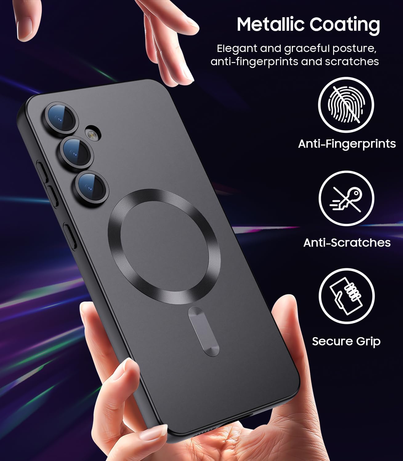 Magnetic for Samsung Galaxy S24 Case [Compatible with MagSafe][Built-in Camera Lens Protector] Slim Soft Silicone Bumper Shockproof Metallic Luster Phone Case (Black)